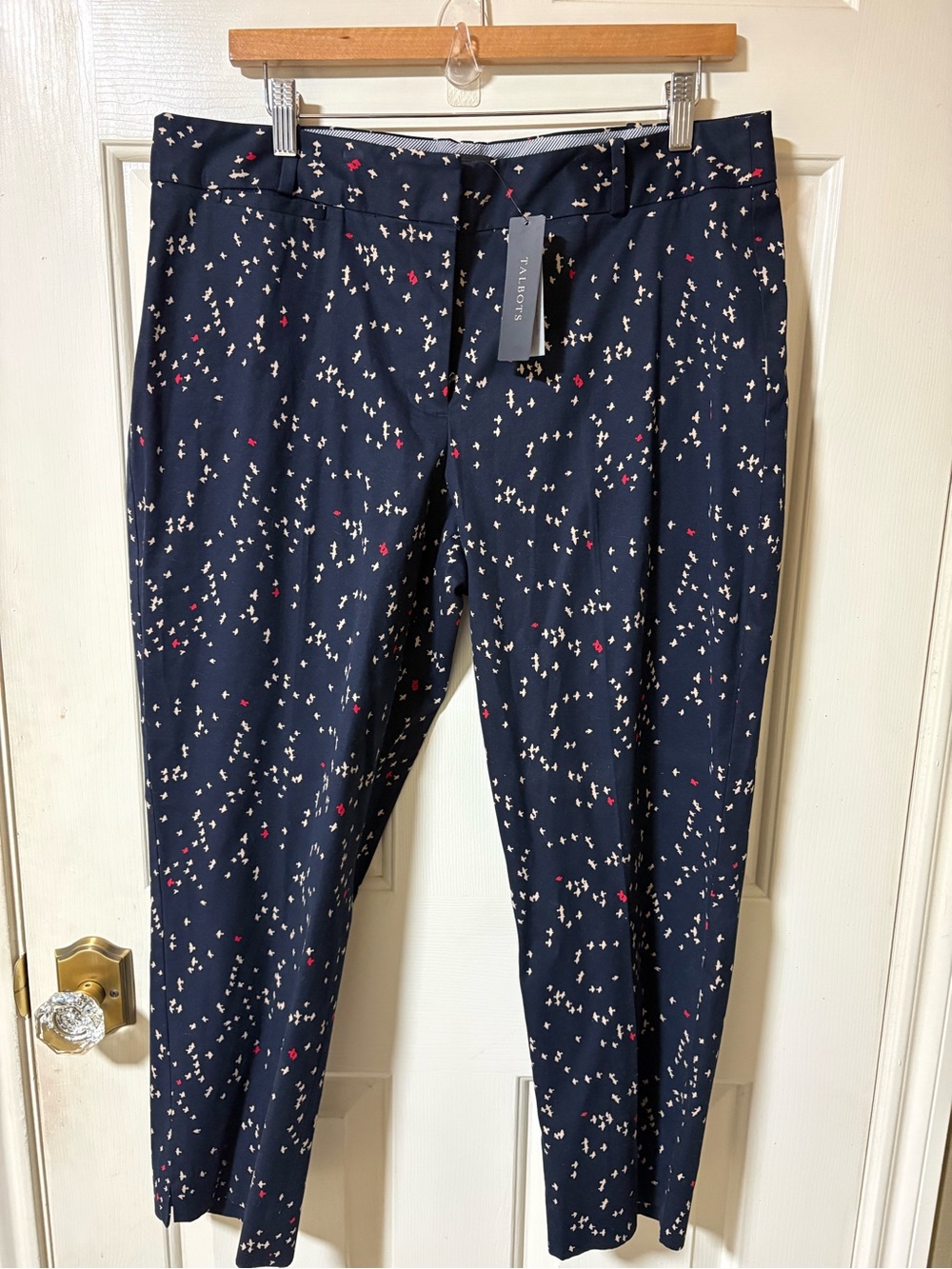 NWT Talbots Navy Blue Bird Print Chino Straight Leg Cropped Pants Sz14